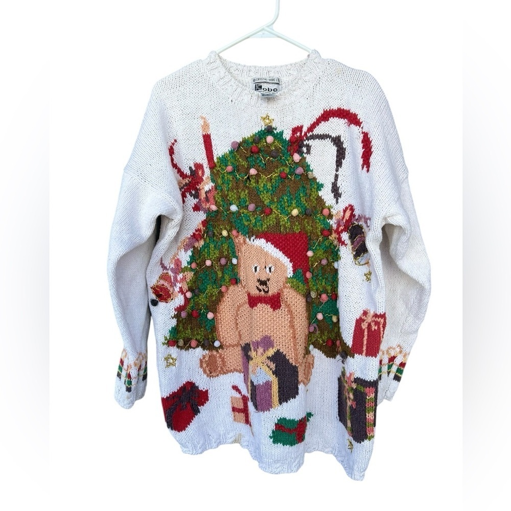 Vintage 80’s Crystal Kobe Christmas Teddy Bear Sweater - Size Large Women’s - Picture 8 of 12